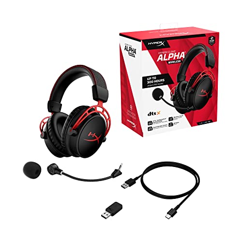 HyperX Cloud Alpha - Auriculares inalámbricos para juegos para PC, batería de 300 horas, auriculares DTS: audio espacial X, espuma viscoelástica, controladores de doble cámara, micrófono con cancelación de ruido, marco de aluminio duradero (Reacondicionad